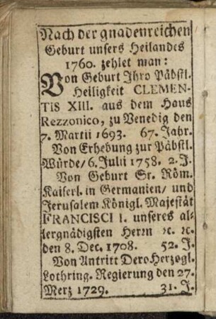 Nach der gnadenreichen Geburt unsers Heilandes 1760. zehlet man:[...]
