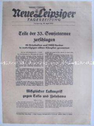 Extrablatt der "Neuen Leipziger Tageszeitung" zu Kämpfen an der Ostfront und amerikanischen Luftangriffen auf Tokyo und Yokohama