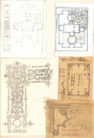 Gmelin, Leopold; Sammlung Gmelin: Handzeichnungen - Folio 5 - Entwürfe für Bucheinbände (Ansichten, Teilansichten)