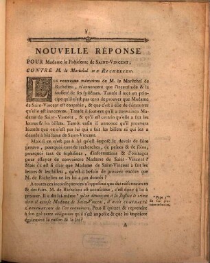 Nouvelle Réponse Pour Madame la Présidente de Saint-Vincent; Contre M. le Maréchal De Richelieu : [Délibéré à Paris le 26 Avril 1777]