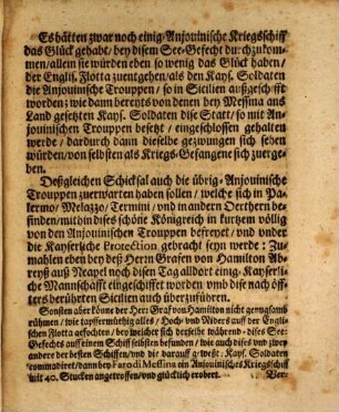Bericht, Welchen der Kayserl. Obrist-Lieutenant deß löblichen Feld-Marschallisch-Graf Guido Stahrembergischen Regiments zu Fuß, Titl. Hern Carl, Graf von Hamilton auß Sicilien, betreffend die am 11. Augusti, Annno 1718 von der Englischen über die Anjouinische Flotta erhaltene See-Schlacht, und völlige Ruinierung derselben
