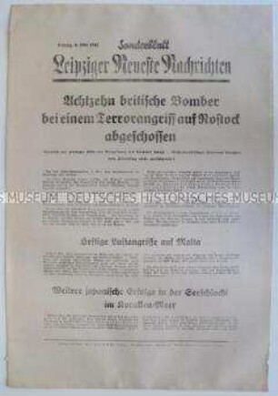 Sonderblatt der "Leipziger Neuesten Nachrichten" u.a. mit einem Bericht über einen britischen Luftangriff auf Rostock