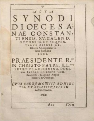 Acta Synodi Dioecesanae Constantiensis, XV. Calend. Octobris, Et Seqventibvs Diebvs Celebratae An. reparatae salutis humanae 1609.