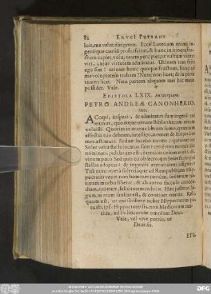 Epistola LXIX. Antverpiam. Petro Andreae Canonherio, Suo.