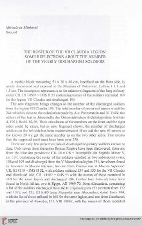 15: The roster of the VII Claudia legion : some refelctions about the number of the yearly discharged soldiers