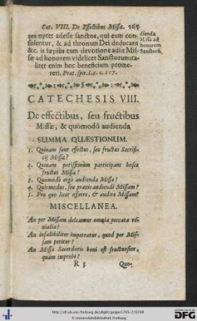 Catechesis VIII. De effectibus, seu fructibus Missae, et quomodo audienda.