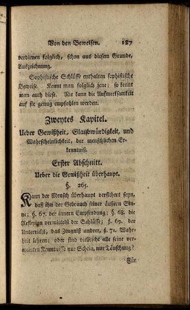 Zweytes Kapitel. Ueber Gewißheit, Glaubwürdigkeit, und Wahrscheinlichkeit, der menschlichen Erkenntniß