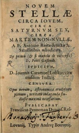 Novem stellae circa Iovem, circa Saturnum sex, circa Martem nonnullae, a P. Antonio Reita delectae
