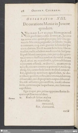 Observatio XIII. De Curatione Maniae in Iuvene quodam
