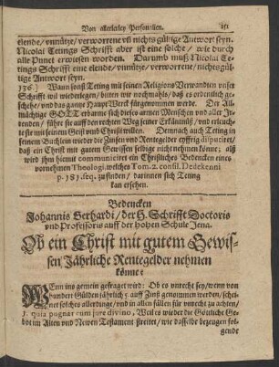Bedencken Johannis Gerhardi/ ... Ob ein Christ mit gutem Gewissen Jährliche Rentegelder nehmen könne?