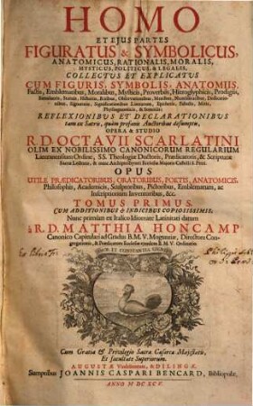 Homo et eius ejus partes figuratus et +& symbolicus, anatomicus, rationalis, moralis, mysticus, politicus, et +& legalis collectus et explicatus : cum figuris, symbolis, anatomiis, factis, emblematibus, moralibus, mysticis, proverbiis, hieroglyphicis, prodigiis ..., 1. (1695). - 342 S. : Ill.