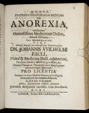 Diatriben Inauguralem Medicam De Anorexia