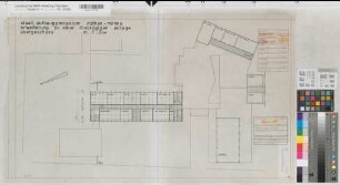 Rüthen (Rüthen) Staatliches Aufbaugymnasium Erweiterung zu einer dreizügigen Anlage Grundriß Obergeschoß 1969 1 : 200 46 x 80 Zeichnung Hochbauamt Soest