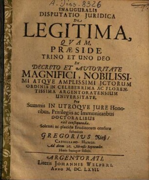 Inauguralis Disputatio Iuridica De Legitima