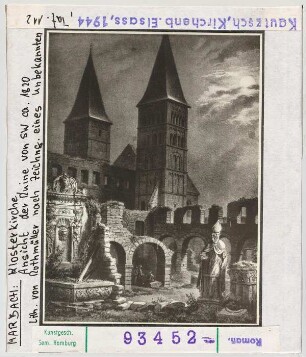 Marbach: Ehemalige Klosterkirche, Ansicht der Ruine von Südwesten ca. 1820. Lithographie von Rothmüller nach Zeichnung eines Unbekannten