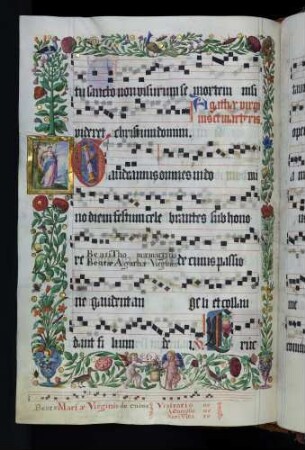 Zierseite mit Bordürenrahmen, Miniatur: Heilige Agatha; Bildeinschlussinitiale: G(audeamus): Arma Christi