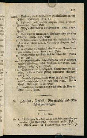 119-143, X. Statistik, Politik, Geographie und Reisebeschreibungen.