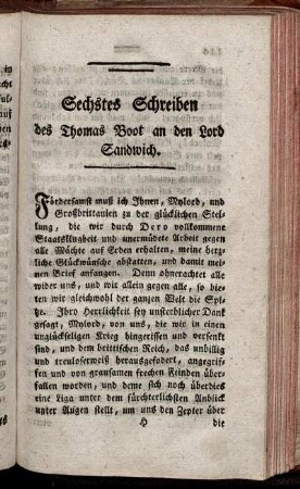 Sechstes Schreiben des Thomas Boot an den Lord Sandwich.