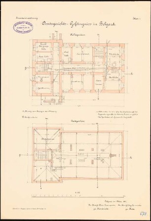 Amtsgerichts- und Gefängnisgebäude, Belgard: Amtsgerichts-Gefängnis Grundriss Kellergeschoss, Dachgeschoss 1:100
