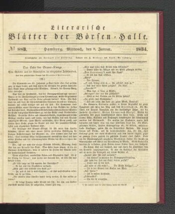 No 883. Hamburg. Mittwoch, den 8. Januar. 1834.: No. 883, Hamburg. Mittwoch, den 8. Januar. 1834.