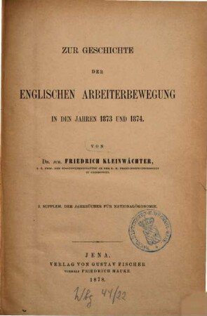 Zur Geschichte der englischen Arbeiterbewegung in den Jahren 1873 und 1874