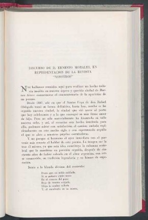 Discurso de D. Ernesto Morales, en representación de la revista "Nosotros"