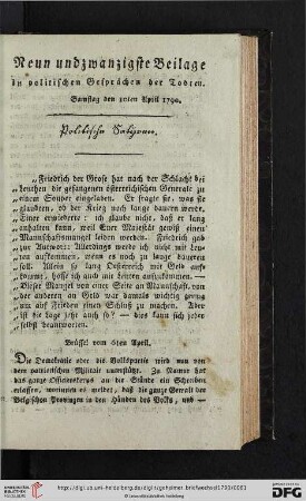 Neun und zwanzigste Beilage zu Politischen Gesprächen der Todten