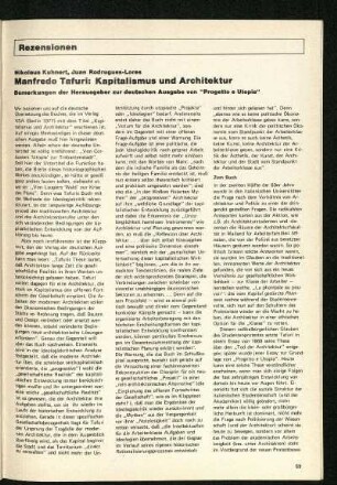 Manfredo Tafuri: Kapitalismus und Architektur. Bemerkungen der Herausgeber zur deutschen Ausgabe von "Progetto e Utopia"