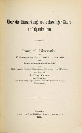 Ueber die Einwirkung von schwefliger Säure auf Cyankalium : Inaugural-Dissertation