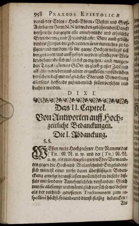 Das II. [ - ] V. Capitel. Von Abdanckungen auff Hochzeiten; ... auff Kind-Tauffen; ... nach gehaltenem Tauff-Eßen; Von Antworten auff beschehene Dancksagungen einzuführen.