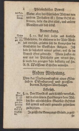 Andere Abtheilung. Von der Nothwendigkeit einer Göttlichen Offenbarung und geoffenbarten Religion überhaupt.