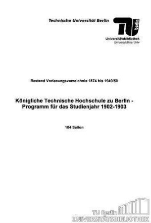 Programm für das Studienjahr 1902-1903