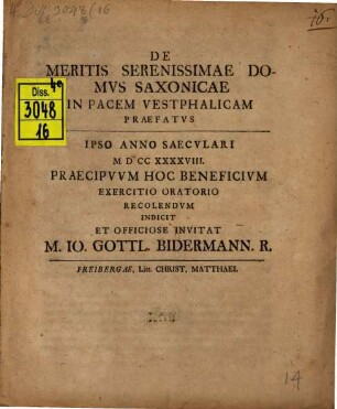 De meritis serenissimi Domus Saxonici in pacem Westph.
