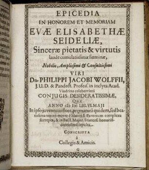 Epicedia In Honorem Et Memoriam Evae Elisabethae Seideliae ...