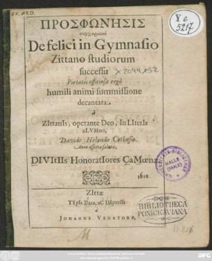 Prosphōnēsis syncharistikē De felici in Gymnasio Zittano studiorum successu