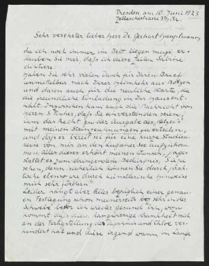 Brief von Otto Hettner an Gerhart Hauptmann, geschrieben von Sabine Hettner