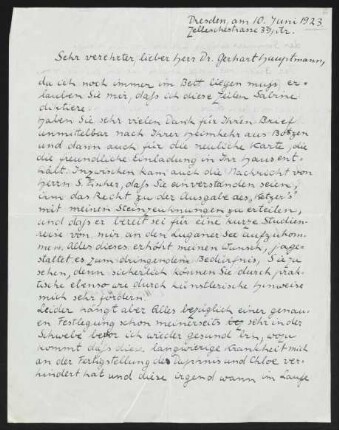 Brief von Otto Hettner an Gerhart Hauptmann, geschrieben von Sabine Hettner