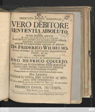 Dissertatio Juridica Inauguralis De Vero Debitore Sententia Absoluto