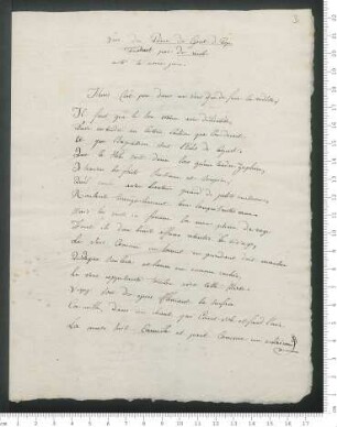 Abschriften von "Vers du Poëme du Gout de Pope Traduit par du rénel."; "Sonet de l'avorton. Par Haynault"; "Epitaphe d'un grand seigneur" und Aphorismus [ohne Titel]