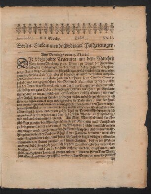 Anno 1665. XIII. Woche. Stück 3. No. LI.