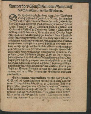 Antwort des Churfürsten von Meintz/ auff des Spanischen gesandten Werbunge.