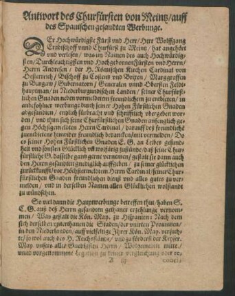 Antwort des Churfürsten von Meintz/ auff des Spanischen gesandten Werbunge.