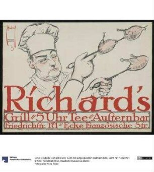 Richard's Grill. Koch mit aufgespießten Brathähnchen