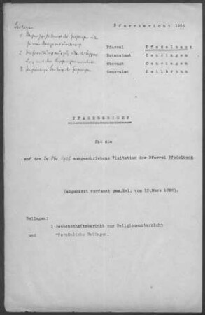 Pfedelbach mit Windischenbach und Oberohrn: Pfarrbericht 1926