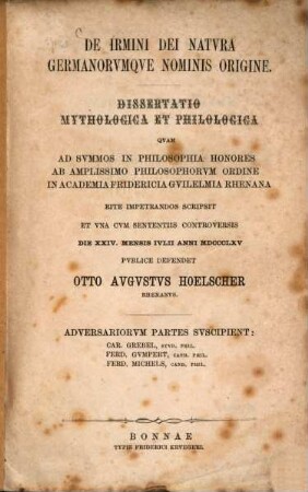 De Irmini dei natura Germanorumque nominis origine : (Doctordiss.)