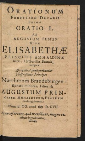 Orationum Funebrium Decadis Primae.