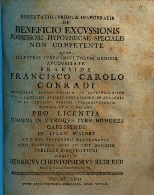 Dissertatio ivridica inavgvralis de beneficio excvssionis possessori hypothecae specialis non competente
