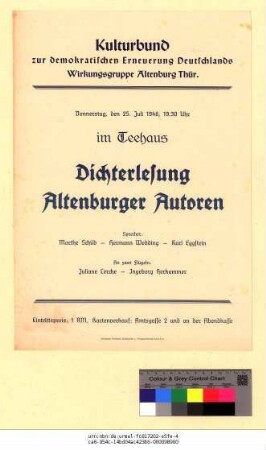 Originaltitel: Dichterlesung Altenburger Autoren Sprecher: Marthe Schild - Hermann Wedding - Karl Eggstein An zwei Flügeln: Juliane Lerche - Ingeborg Herkommer