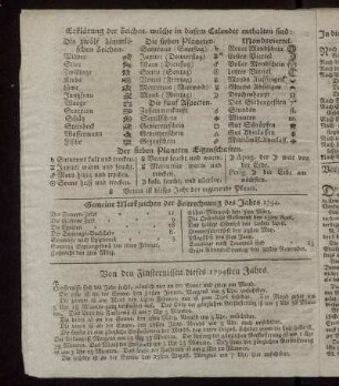 Erklärung der Zeichen, welche in diesem Calender enthalten sind. - Verzeichniß wann die reitenden Posten, Postwägen und Frachtboote zu Philadelphia ankommen und abgehen.