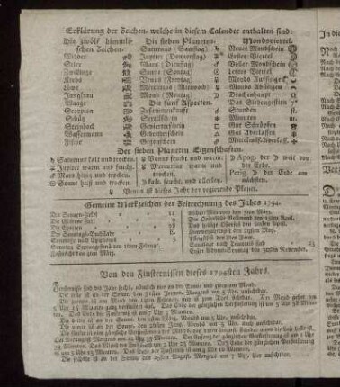 Erklärung der Zeichen, welche in diesem Calender enthalten sind. - Verzeichniß wann die reitenden Posten, Postwägen und Frachtboote zu Philadelphia ankommen und abgehen.